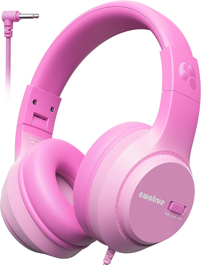 Kids Headphones, 74/85/94dB Volume Limiter, Foldable Wired Over Ear Headphones for Travel, 3.5mm Jack, Toddler Headphones for School, Chromebook, iPad, Tablet, Pink