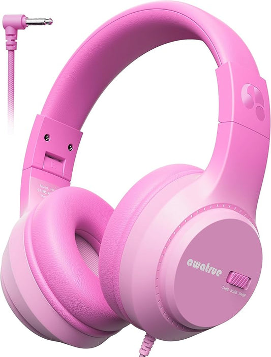 Kids Headphones, 74/85/94dB Volume Limiter, Foldable Wired Over Ear Headphones for Travel, 3.5mm Jack, Toddler Headphones for School, Chromebook, iPad, Tablet, Pink