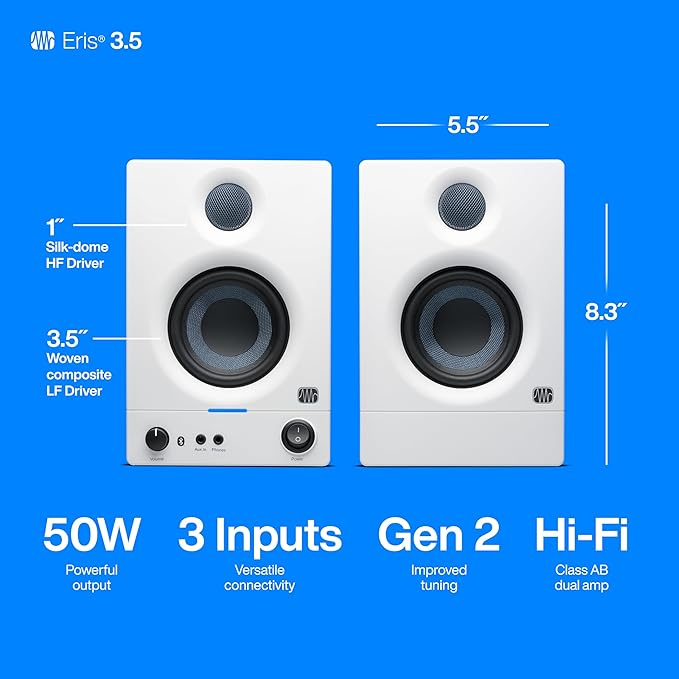 PreSonus Eris 3.5BT Studio Monitors, Pair — 3.5" Inch Powered Speakers, Bookshelf Speakers, Stereo, Desktop Computer, Near Field Music Production, Audio Mixing Recording
