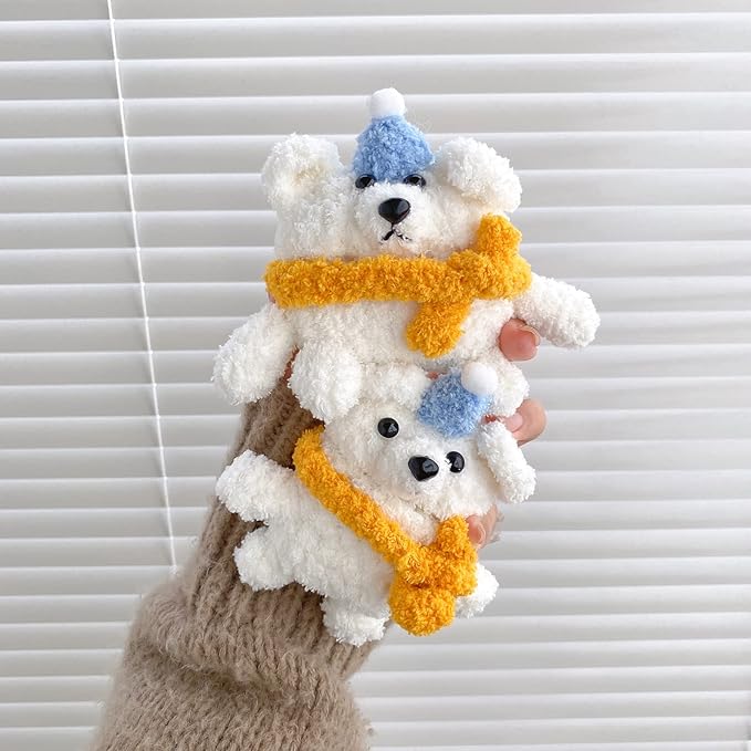 Yatchen Plush Bear Case for AirPods 3,Kawaii Cute 3D Cartoon Fur Bear with Scarf Funny Furry for AirPods 3rd Generation Cover with Keychain Protective Case Women Girls for AirPods 3