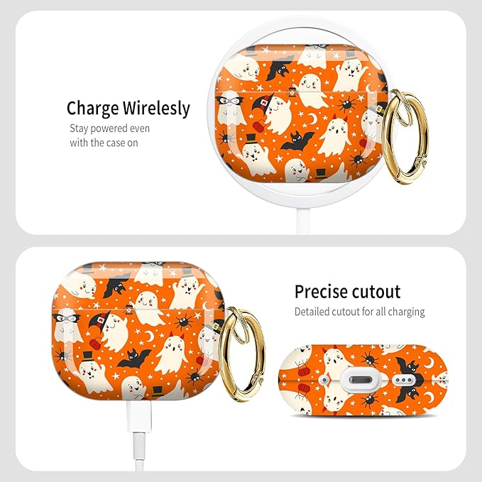 Cute Hard Case Compatible with AirPods Pro 3rd Generation Case (2025), Shockproof Protective Cover with Golden Keychain Ring Clip (Cute Ghosts Bats)