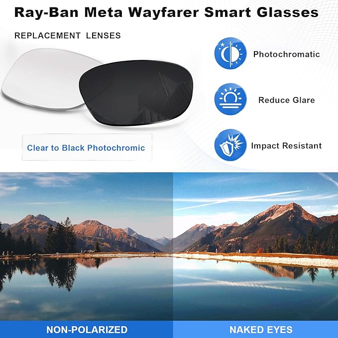 Replacement Lenses Compatible with Ray-Ban Meta Wayfarer RW4006 50mm Smart Glasses for Women Men-Non/Polarized Lenses