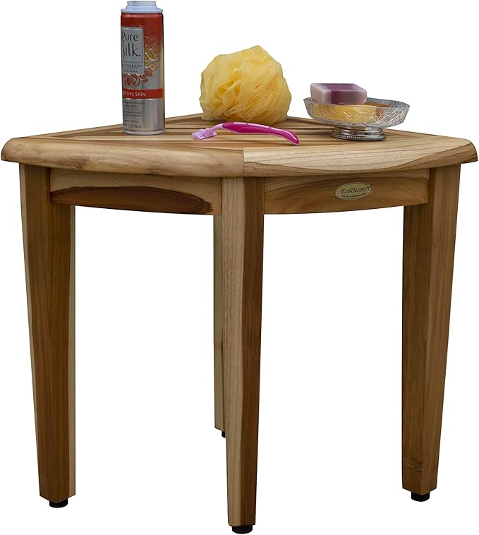 EcoDecors SnazzyCorner Waterproof Teak Wood Shower Bench Stool Seat Chair For Inside Shower Provides Safety, Storage, and Organization For Bathroom Accessories