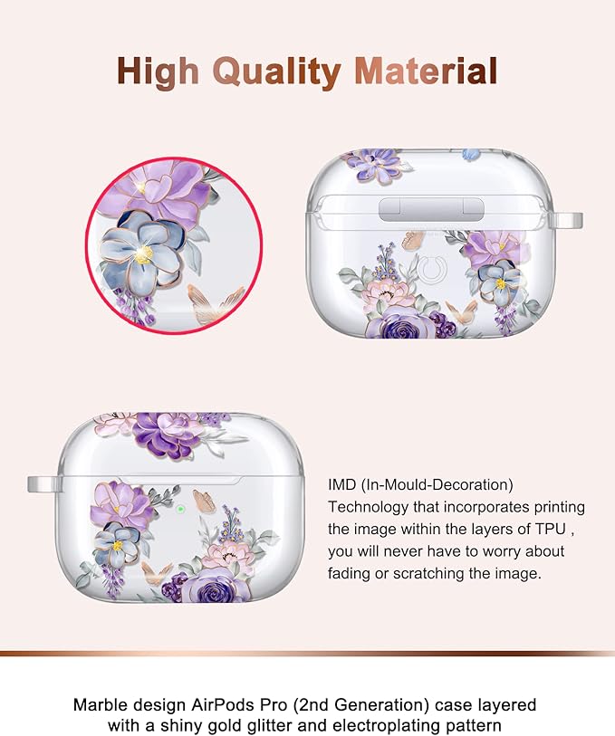JIAXIUFEN Compatible with AirPods Pro 2019 / Airpods Pro 2nd Generation Case Cover Gold Sparkle Glitter Butterfly Design Cute Full Protective TPU Skin Accessories for Women Girl Flower Purple
