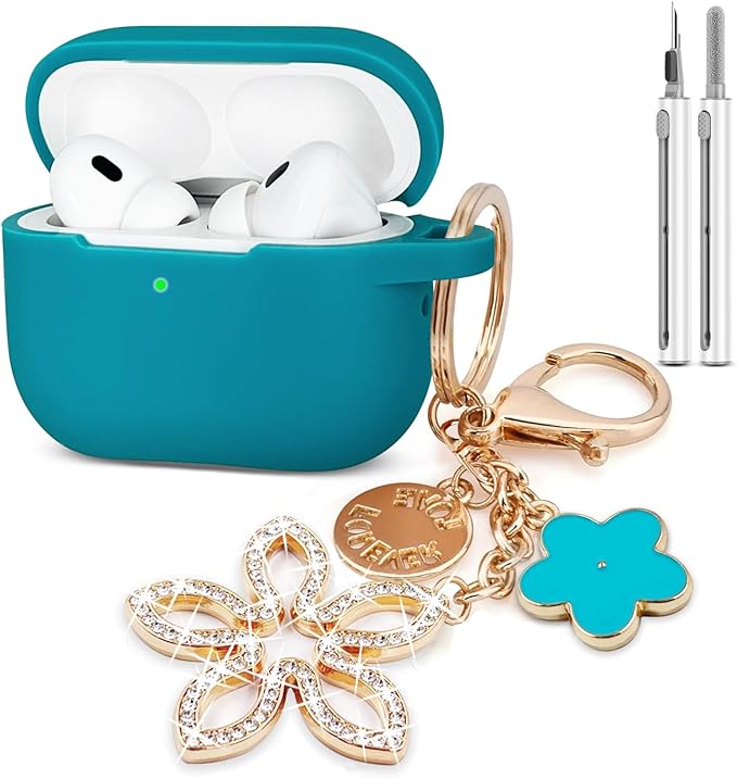 Compatible with AirPods Pro 2nd Generation Case with Cleaner Kit, Silicone Protective Case for Apple AirPod Pro 2nd/1st Earbuds Wireless Charging Cases with Bling Keychain (Aqua Green)