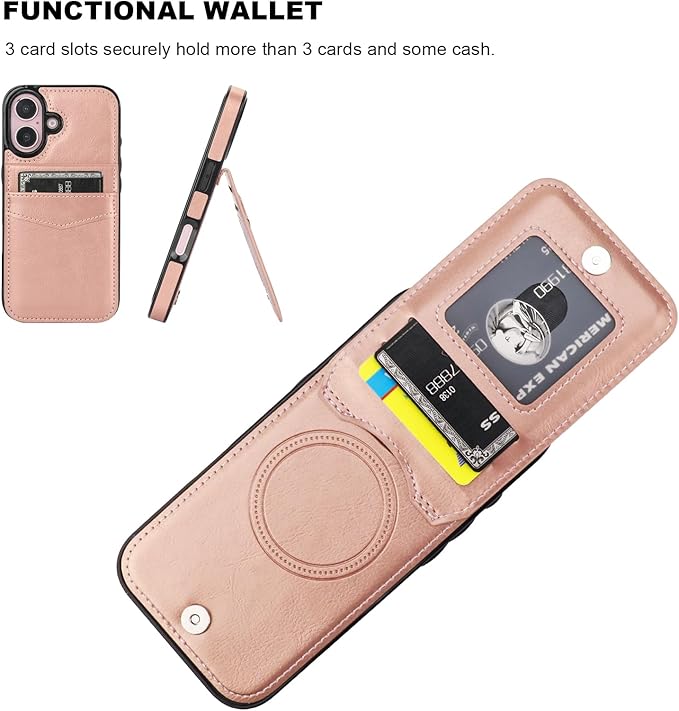 KIHUWEY for iPhone 16 Case Wallet Compatible with MagSafe Wireless Charging, Credit Card Holder, RFID Flip Leather Magnetic Clasp Kickstand Heavy Duty Protective Cover 6.1 Inch (Rose Gold)