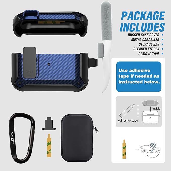 Valkit Compatible Airpods Pro Case with Lock Clip, Carbon Fiber Texture Air Pod Pro Case Cover with Keychain for Men Women Cool AirPod Pro Shockproof Protective Case for AirPods Pro 2019, Black/Blue