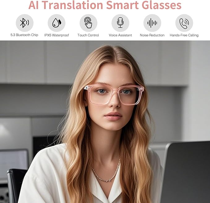 AI Smart Glasses with Real-Time Translation, Wireless Bluetooth 5.3, Smart Simultaneous Interpretation for 160+ Languages, Open-Ear Design,Clear Frame Blue Light Glasses for Woman Travel,Work