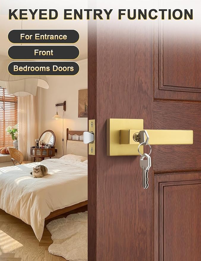 5 Pack Brushed Gold Entry Door Levers with Lock and Key, Satin Brass Keyed Alike Lockset Combo Pack, Entrance Door Handles for Office and Front Door, Door Knobs Lockset (Each with 3 Keys)