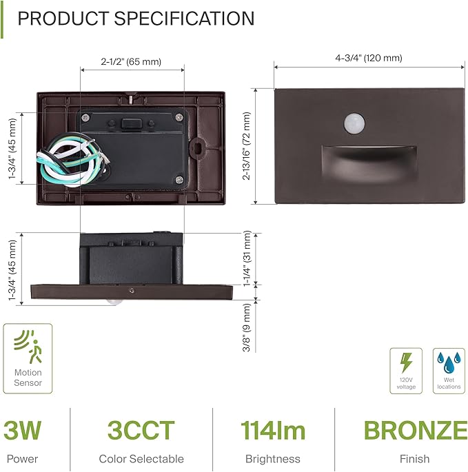 ASD LED Recessed Step Light Fixture, Outdoor & Indoor Tread Lighting | 3CCT, Motion Sensor, Waterproof, ETL Listed | 3W 120LM 3000K-5000K 120V | Staircase Hardwired Illumination | Dark Bronze, 4 Pack