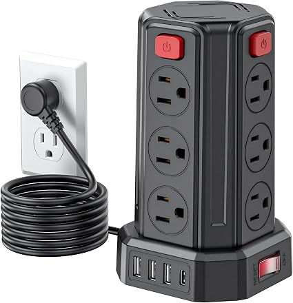 Power Strip 6.5 Ft Extension Cord with 12 AC Multiple Outlets 4 USB (1 USB C), SMALLRT Power Strip Tower Desktop Charging Station for Home Office College Dorm Essentials