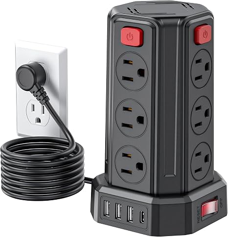 Power Strip 6.5 Ft Extension Cord with 12 AC Multiple Outlets 4 USB (1 USB C), SMALLRT Power Strip Tower Desktop Charging Station for Home Office College Dorm Essentials