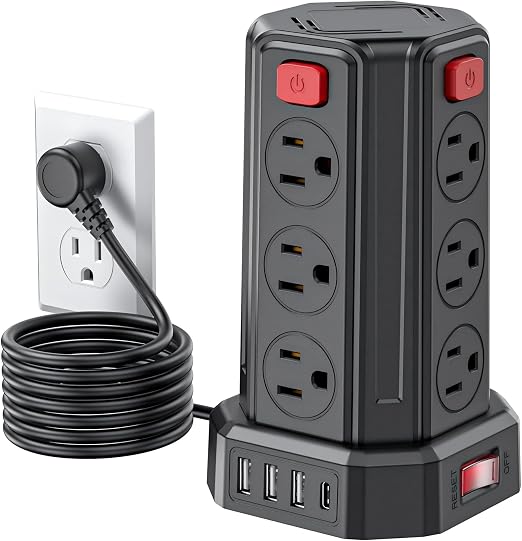 Power Strip 6.5 Ft Extension Cord with 12 AC Multiple Outlets 4 USB (1 USB C), SMALLRT Power Strip Tower Desktop Charging Station for Home Office College Dorm Essentials