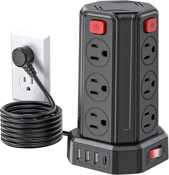 Power Strip 6.5 Ft Extension Cord with 12 AC Multiple Outlets 4 USB (1 USB C), SMALLRT Power Strip Tower Desktop Charging Station for Home Office College Dorm Essentials