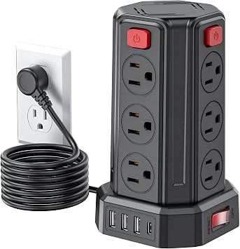 Power Strip 6.5 Ft Extension Cord with 12 AC Multiple Outlets 4 USB (1 USB C), SMALLRT Power Strip Tower Desktop Charging Station for Home Office College Dorm Essentials