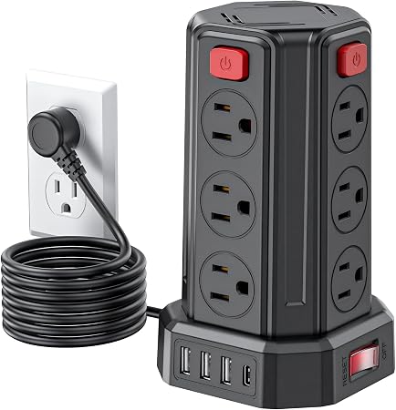 Power Strip 6.5 Ft Extension Cord with 12 AC Multiple Outlets 4 USB (1 USB C), SMALLRT Power Strip Tower Desktop Charging Station for Home Office College Dorm Essentials