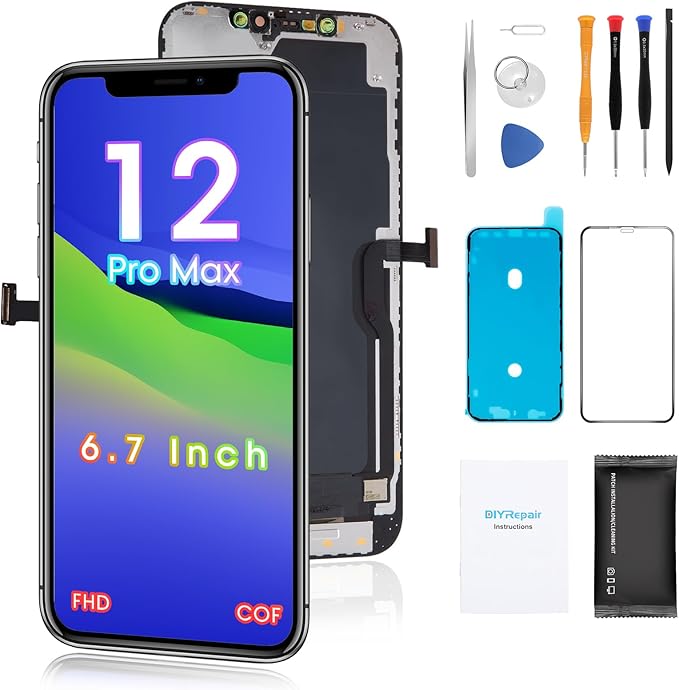 for iPhone 12 Pro Max Screen Replacement 6.7', 3D Touch Display Full Repair kit, Digitizer Assembly with Tools Set, Tempered Glass, Instruction