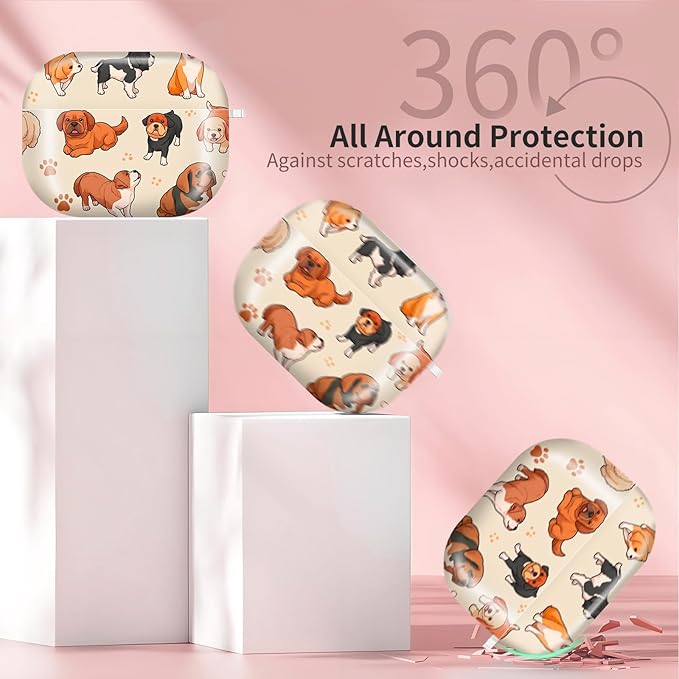 AirPod Pro 3 (2025) Case Cover for Women, Cute Shockproof TPU Protective Case with Gold Round Buckle, Anti-Drop Design Cute Doodle Dog Print Animal