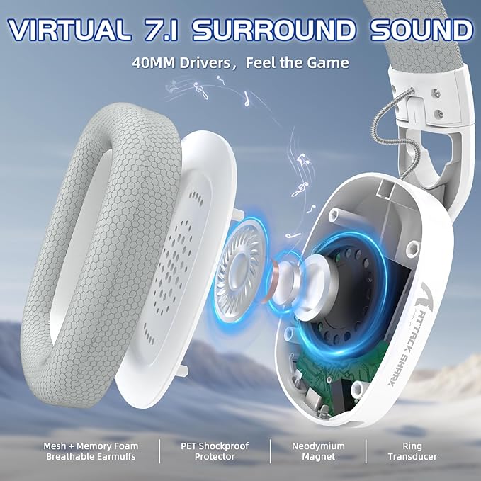 Attack Shark L90 Ultralight RGB Wireless Gaming Headset with Plug-in Microphone,Bluetooth 5.3 & 2.4G Wireless & Wired Headphone, 7.1 Surround Sound for Xbox One Series, PS4,PS5 & PC (White)