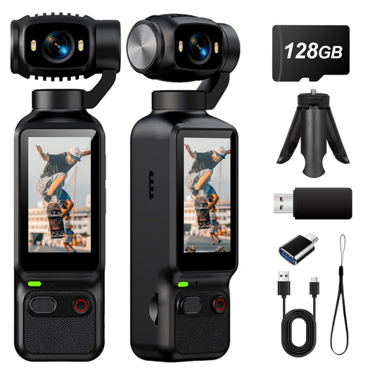 Portable Handheld Action Camera, 2.5K UHD Pocket Camcorder with 1.3" LCD Screen, 180° Rotatable Lens, Fill Light, Loop Recording, for Vlogging Travel Outdoor Sports (Black,128GB)