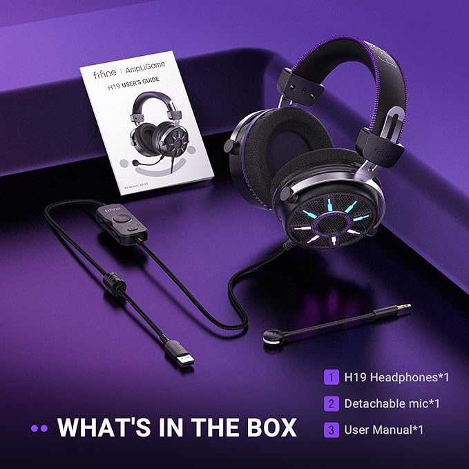 FIFINE Wired Open Back Gaming Headset, Open Acoustic Audio,Customizable RGB,USB in-Line Control, 7.1 Surround Sound, Over-Ear Gamer Headphone with Detachable Mic for PC PS5/PS4, Laptop, Mac - H19BP