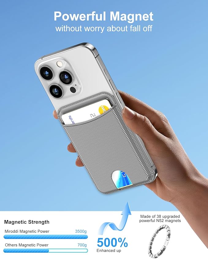 Miroddi for Magsafe Wallet, Magnetic Card Holder for iPhone 17/16/15/14/13/12 Series, Leather Magnet Phone Wallet Fit 4 Cards 3 Cash, Ultra-Thin, RFID Blocking, Dark Grey