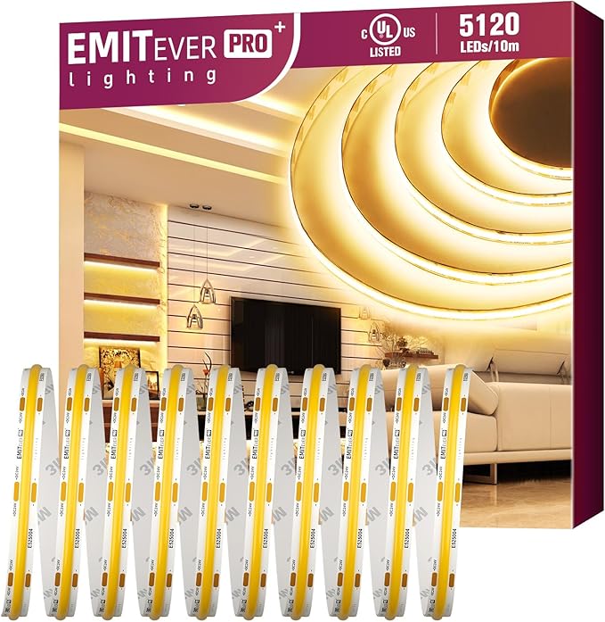 EMITEVER COB LED Strip Lights Warm White, 3000K Tape Light Premium High Density, DC 24V, 400+Lumens/ft, 5120LEDs/Spool, Ra 90+, 32.8ft/10m, UL Listed 5 Year After-Service(Power Supply Sold Separately)
