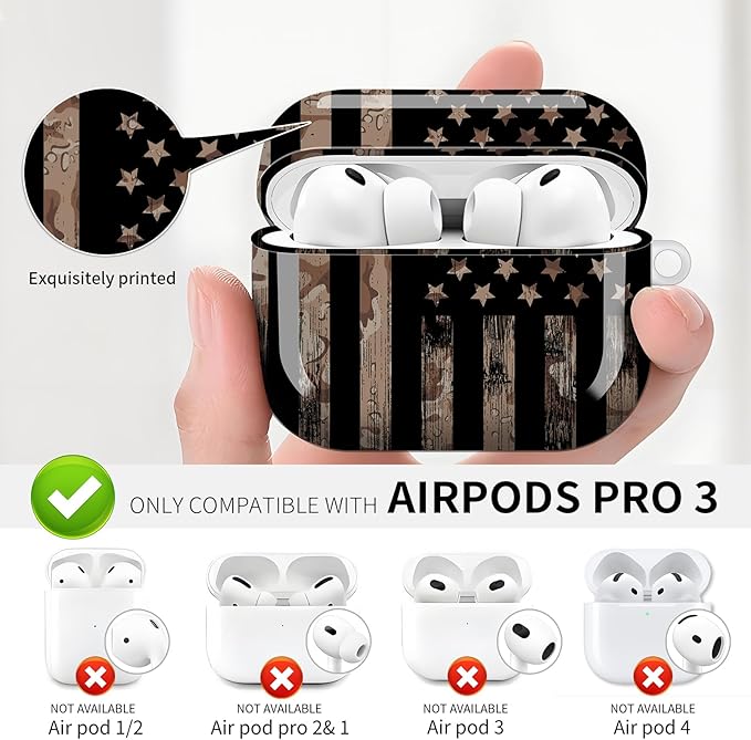 Compatible with AirPod Pro 3 (2025),Cute Case Cover for Women & Men, Full Protection Shockproof Hard Case with Keychain, Wireless Charging Case Accessories(Camouflage American Flag)