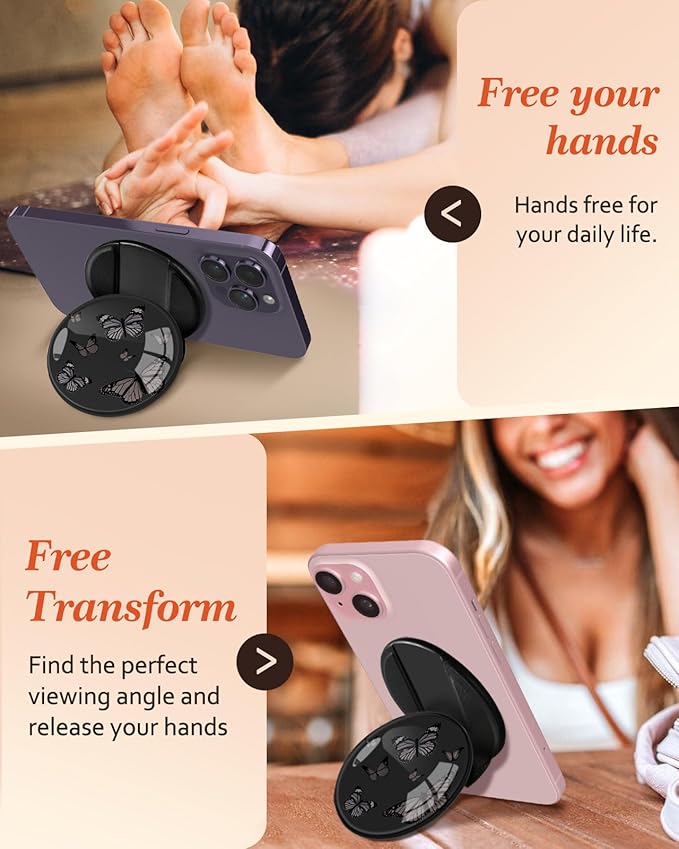 Kidcube Magnetic Phone Grip Compatible with Magsafe - Cell Phone Grip Stand Ring Holder Magnet Kickstand Removable Accessories for iPhone 16 Pro Max/16/15/14/13/12 Series Women Cute Black Butterfly