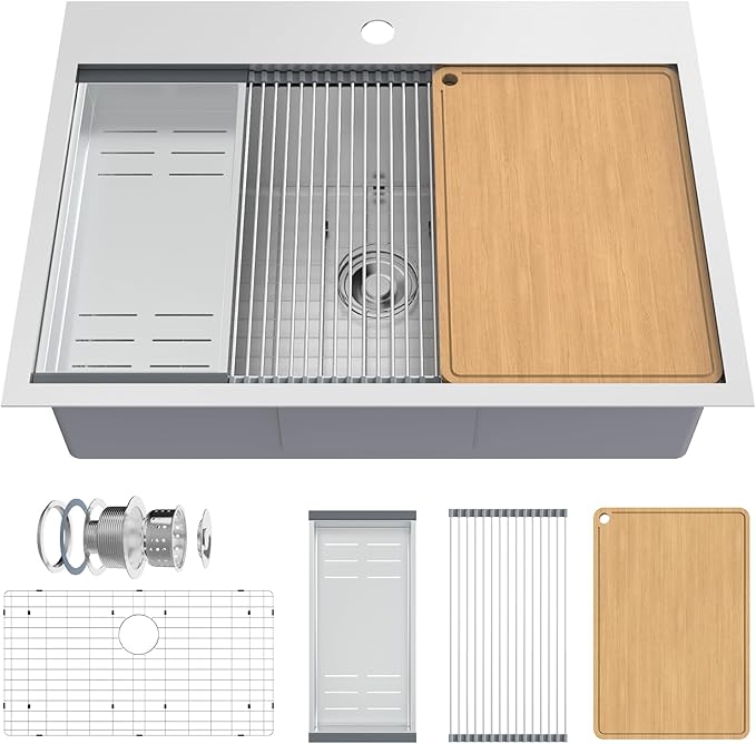 ROVSUN 30 Inch Stainless Steel Drop In, Kitchen Utility Sink, Workstation Deep Single Bowl, Integrated Ledge Multifunctional Workstation Sink Set,Silver