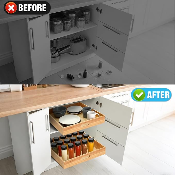 2 PCS Wood Pull Out Cabinet Organizers with Removable Dividers, 20''W x 21''D Nail-free Sliding Drawers with Adhesive Tape, Roll Out Shelves for Kitchen, Pantry, Office (Wood)