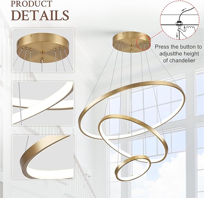 3 Ring Modern LED Chandelier Gold Dimmable Round Chandeliers, LED Circular Pendant Light Fixture with Remote Control for Living Room, Dining Room, Office, Entry, Bedroom