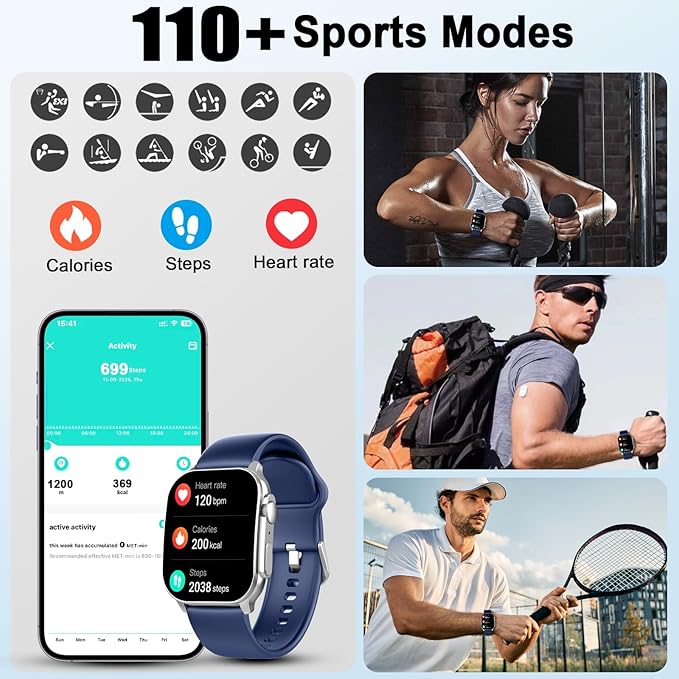 Smart Watch for Men/Women, 2.01" AMOLED Curved Display Fitness Tracker with Answer/Make Calls, 100+ Sport Modes, 24/7 Heart Rate/Sleep Monitor/Pedometer, IP68 Waterproof Watch, for Android iOS Blue