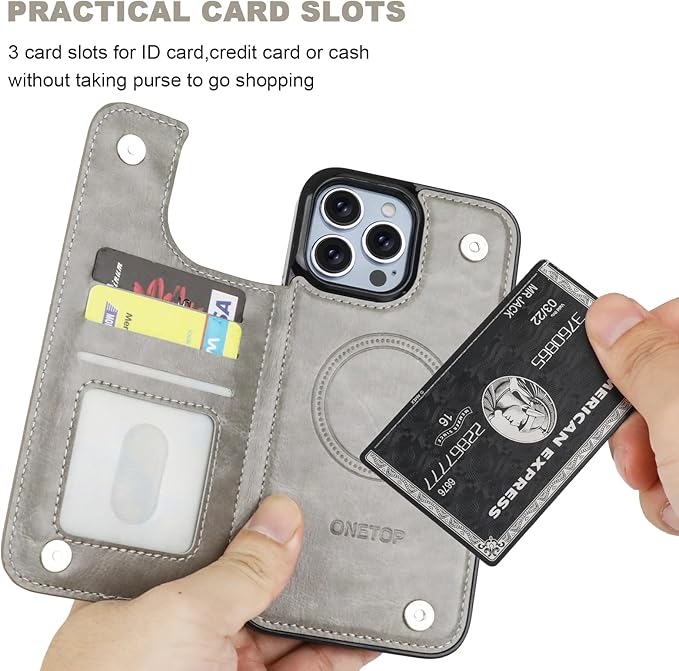 ONETOP Compatible with Magsafe for iPhone 13 Pro Max Wallet Case with Card Holder, PU Leather Kickstand RFID Blocking Case, Double Magnetic Clasp and Durable Shockproof Cover 6.7 Inch (Grey)