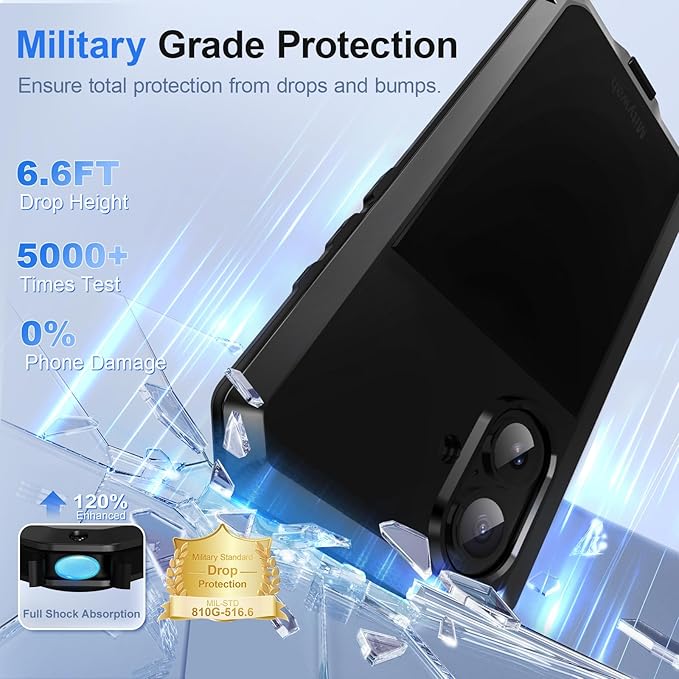Mitywah Metal Case for iPhone 16, Heavy Duty Rugged Phone Case Built-in 9H Temperd Screen Protector, Military Grade Full Body Protective Dual Layer Bumper Protective Case for iPhone 16 6.1" Black