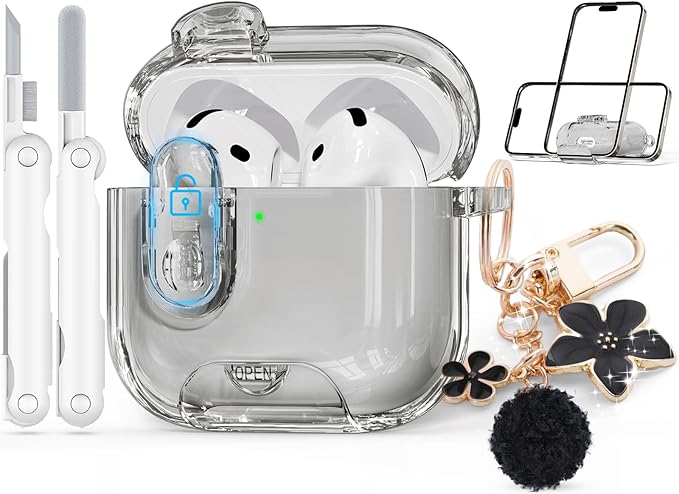 Clear Case for AirPods 4 Case Cover with Safety Lock,Soft TPU Cover with Phone Stand & Cleaning Kit,Cute Bling Keychain for Women Girls-Clear Black