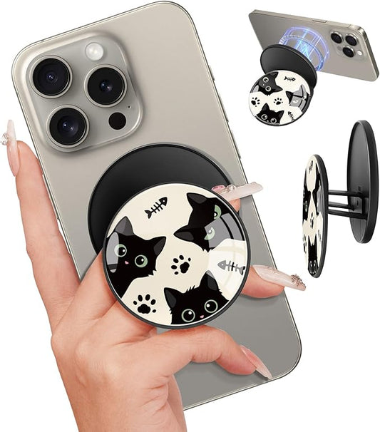 Kidcube Magnetic Phone Grip Compatible with Magsafe - Cell Phone Grip Stand Magnetic Ring Holder Finger Kickstand for iPhone 17 16 15 14 13 12 Series Magnet Removable Accessories Cute Catoon Cat Fish