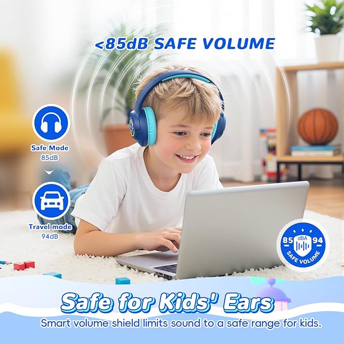Kids Bluetooth Headphones, 85H Playtime Wireless Headphones for Kids, Colorful LED Lights, 85/94dB Safe Volume Limit, Bluetooth 5.4 Built-in Mic Toddler Headset for Tablet/Airplane (Navy Blue)