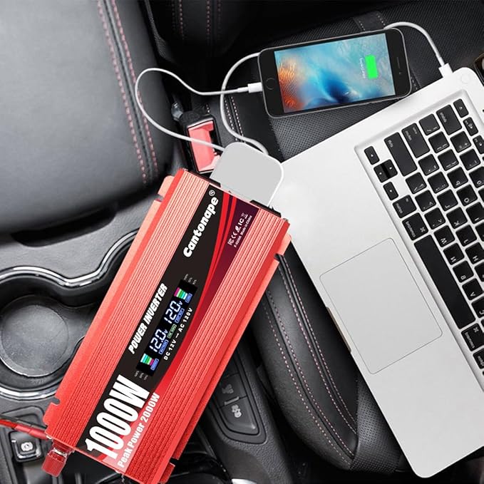 1000W Power Inverter DC 12V to 110V/120V AC Car Inverter with LCD Display, 2 AC Outlets, 3.0A USB and 20W Type-C Car Charger for Vehicles Home Laptop Truck