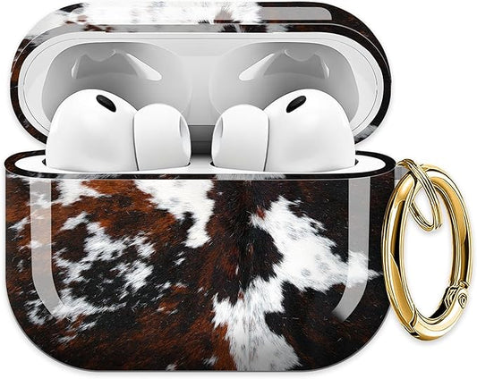 Cute Hard Case Compatible with AirPods Pro 3rd Generation Case (2025), Shockproof Protective Cover with Golden Keychain Ring Clip (Cute Cowhide Pattern)