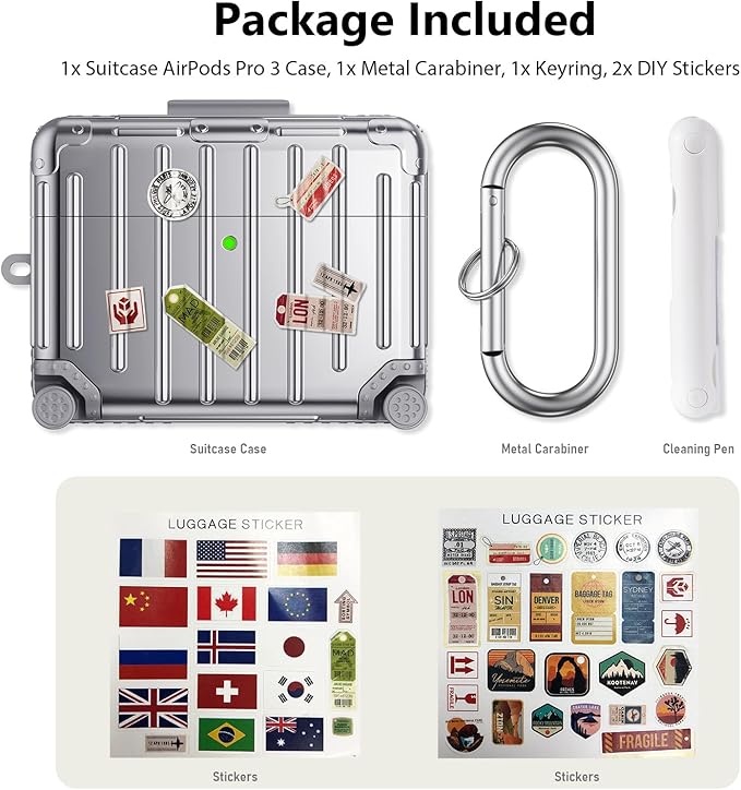 KOREDA Compatible with AirPods Pro 3 Case Cover, Cute Funny Suitcase Design Case for AirPods Pro 3rd Generation, Fashion Protective Hard Case for Women Men with Keychain and Cleaner Kit (Silver)