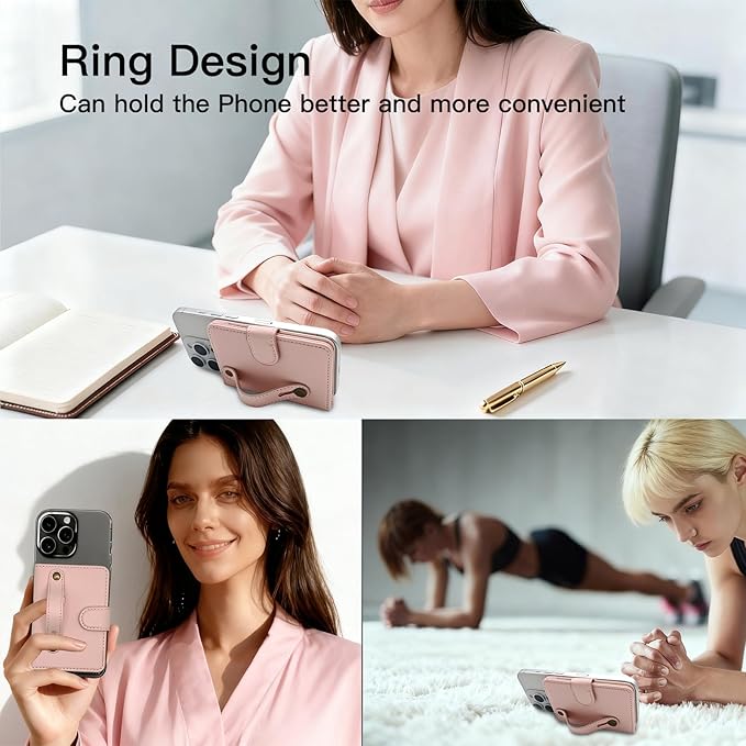 for MagSafe Card Holder for iPhone 17/16/15/14/13/ Pro/Max/Plus with Strap Stand RFID Blocking ID Window Hold 5 Cards,Leather Magnetic Phone Wallet for MagSafe Phones and Cases,Leather Pink