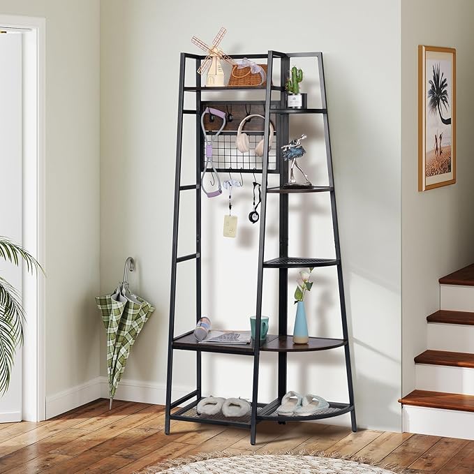 DOEWORKS Entryway Hall Tree with Storage Shelves, Freestanding Industrial Storage Rack Organizer Tower with Hooks, Rustic Brown