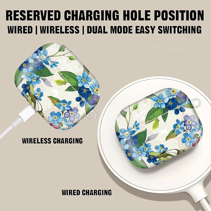 Compatible with AirPod Pro 2nd//1st Generation Case Cover with Key Chain,Full Protective Shockproof Wireless Headphone Case for Airpod Pro 2023/2022/2019（Blue Flowers）