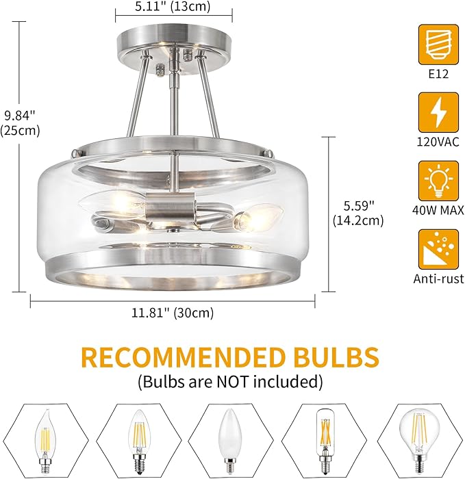 Brushed Nickel Modern Glass Ceiling Light, 3-Light Drum Semi Flush Mount Ceiling Light Fixture, Entryway Light Fixture, Ceiling Lamp for Hallway Bedroom Laundry Kitchen Dining Room Lighting, UL-Listed