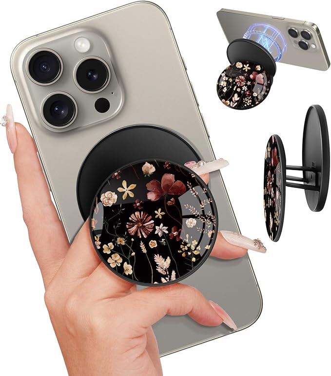 Kidcube Magnetic Phone Grip Compatible with Magsafe - Cell Phone Grip Stand Magnetic Ring Holder Finger Kickstand for iPhone 17 16 15 14 13 12 Series Magnet Removable Accessories Cute Black Flower