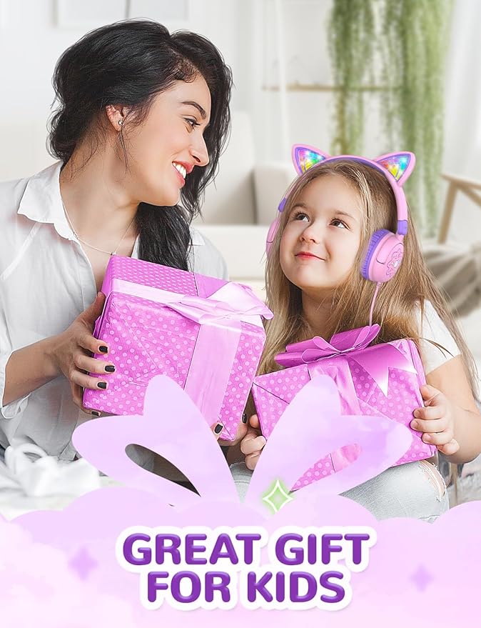 iClever Kids Headphones Cat Ear, LED Light Up, 85dBA Safe Volume, Stereo Sound Toddler Headphones for Travel School, Foldable 3.5mm Wired Kids Headphone for iPad Tablets, Meow Lollipop -Pink