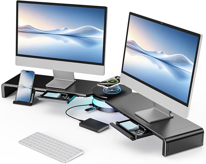Dual Monitor Stand Riser with USB Hub, 15W Wireless Charging & RGB