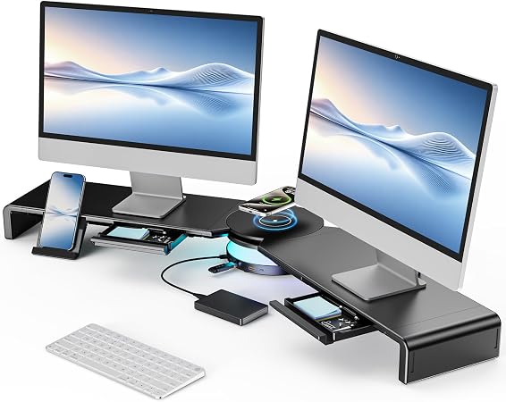 Dual Monitor Stand Riser with USB Hub, 15W Wireless Charging & RGB
