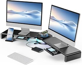 Dual Monitor Stand Riser with USB Hub, 15W Wireless Charging & RGB - Image 1